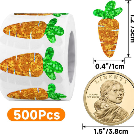 Easter Carrot Stickers - 500Pcs 1.2×0.4'' Carrot Shape Stickers Holographic Carrots Sticker Roll Self Adhesive Happy Easter Sticker for Egg Basket Envelope Seal Card Easter Party Favor Decor.