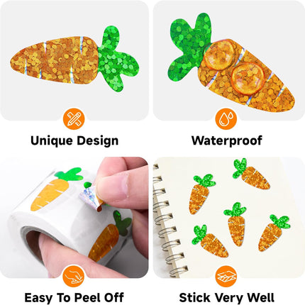 Easter Carrot Stickers - 500Pcs 1.2×0.4'' Carrot Shape Stickers Holographic Carrots Sticker Roll Self Adhesive Happy Easter Sticker for Egg Basket Envelope Seal Card Easter Party Favor Decor.