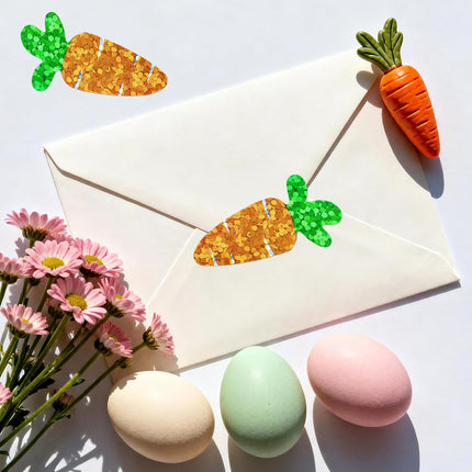 Easter Carrot Stickers - 500Pcs 1.2×0.4'' Carrot Shape Stickers Holographic Carrots Sticker Roll Self Adhesive Happy Easter Sticker for Egg Basket Envelope Seal Card Easter Party Favor Decor.