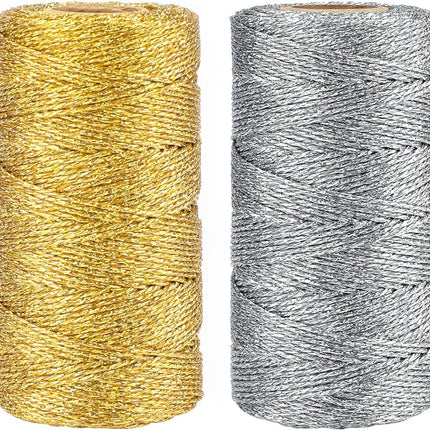 Gold Silver Twine String - 656Ft 1.5MM Christmas Twine String Metallic Gold and Silver Glitter Bakers Twines Strings for Crafts Ornament Gift Wrapping Christmas Holiday Home Decoration.