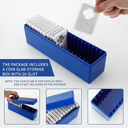 Plastic Coin Slab Storage Box, Coin Storage Box Case for NGC, PCGS, PMG, and Premier Coin Holders, Coin Holder Organizer Boxes with 20 Slots, Only Box, Blue.