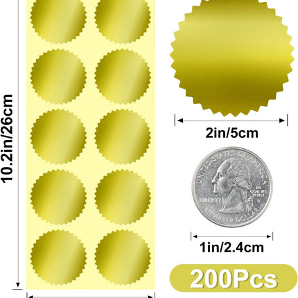 Embossing Stickers,200Pcs 2'' Gold Foil Seals Stickers for Certificates,Self-Adhesive Envelope Seal Label Sticker with Serrated Edge,Blank Embosser Stamp Sticker for Book Invitation Notary Seal.