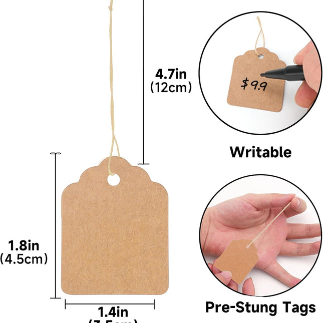 500Pcs Blank Tags with String, Brown Price Tags, 1.8x1.4Inch Kraft Paper Hangingtag for Small Business, Clothes Tag for Selling, Small Retail Marking Label, Writable Sales Tag for Jewelry.