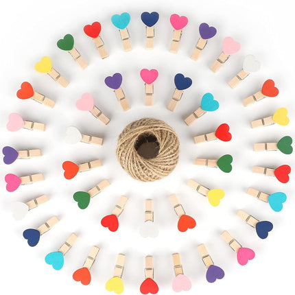 100Pcs Clothespins with String, 1.4Inch Wooden Clothes Pins with Heart, 10 Colors Heart Clips, Mini Photo Clips with 98Ft Jute Twine, Craft Clip for Baby Shower, Wedding, Birthday.