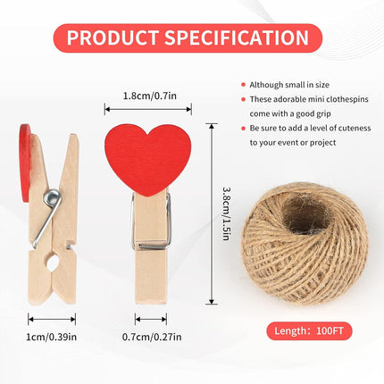 100Pcs Clothespins with String, 1.4Inch Wooden Clothes Pins with Heart, 10 Colors Heart Clips, Mini Photo Clips with 98Ft Jute Twine, Craft Clip for Baby Shower, Wedding, Birthday.