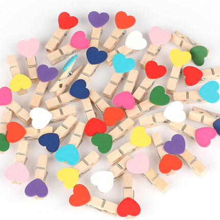 100Pcs Clothespins with String, 1.4Inch Wooden Clothes Pins with Heart, 10 Colors Heart Clips, Mini Photo Clips with 98Ft Jute Twine, Craft Clip for Baby Shower, Wedding, Birthday.