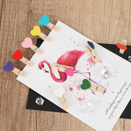 100Pcs Clothespins with String, 1.4Inch Wooden Clothes Pins with Heart, 10 Colors Heart Clips, Mini Photo Clips with 98Ft Jute Twine, Craft Clip for Baby Shower, Wedding, Birthday.