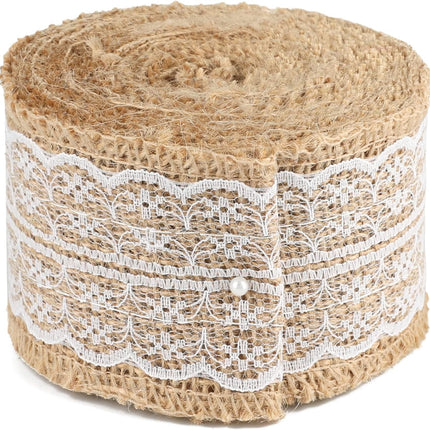 Natural Jute Burlap Ribbon Roll - 2.4Inch x 5.5Yards Rustic White Lace Burlap Ribbon Trim Tape for DIY Crafts, Bottle Decor, Wreath.