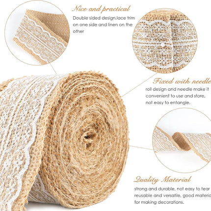 Natural Jute Burlap Ribbon Roll - 2.4Inch x 5.5Yards Rustic White Lace Burlap Ribbon Trim Tape for DIY Crafts, Bottle Decor, Wreath.
