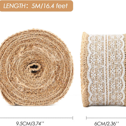 Natural Jute Burlap Ribbon Roll - 2.4Inch x 5.5Yards Rustic White Lace Burlap Ribbon Trim Tape for DIY Crafts, Bottle Decor, Wreath.