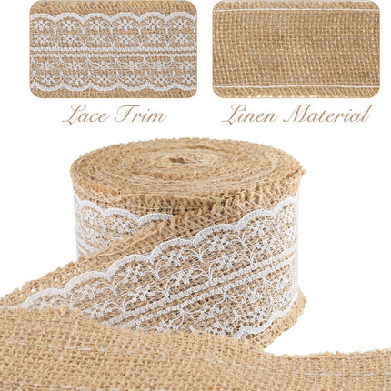 Natural Jute Burlap Ribbon Roll - 2.4Inch x 5.5Yards Rustic White Lace Burlap Ribbon Trim Tape for DIY Crafts, Bottle Decor, Wreath.