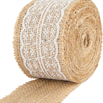 Natural Jute Burlap Ribbon Roll - 2.4Inch x 5.5Yards Rustic White Lace Burlap Ribbon Trim Tape for DIY Crafts, Bottle Decor, Wreath.