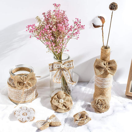 Natural Jute Burlap Ribbon Roll - 2.4Inch x 5.5Yards Rustic White Lace Burlap Ribbon Trim Tape for DIY Crafts, Bottle Decor, Wreath.