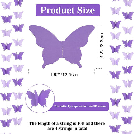 Butterfly Hanging Garlands - 3D Purple Paper Butterflies, 4 Packs - Birthday Decorations for Baby Showers, Home Decor, Weddings & Parties (39ft).
