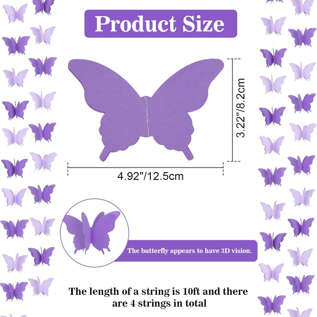 Butterfly Hanging Garlands - 3D Purple Paper Butterflies, 4 Packs - Birthday Decorations for Baby Showers, Home Decor, Weddings & Parties (39ft).