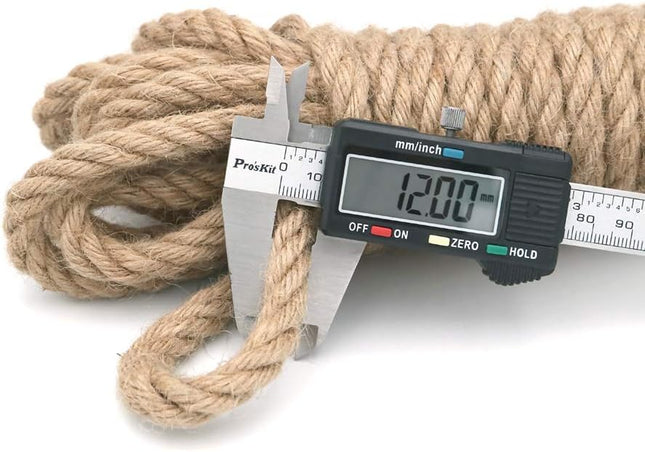 Jute Rope - 1/2 inch, 33 Feet x 12mm Thick, Heavy Duty Strong, Natural, for Crafts, Cat Scratching Post, Bundling, Hanging, Decorative.