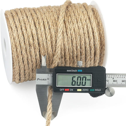 Jute Rope 1/4 Inch, 100 Feet Natural Twine, Strong Hemp, Brown Thick 6mm Heavy Duty for Crafts, Cat Scratching Post, Gardening, Bundling, Climbing Plants.