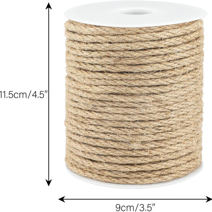 Jute Rope 1/4 Inch, 100 Feet Natural Twine, Strong Hemp, Brown Thick 6mm Heavy Duty for Crafts, Cat Scratching Post, Gardening, Bundling, Climbing Plants.