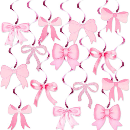 Pink Bow Garland, 20Pcs Bow Birthday Banner, Girl Theme Party Garland Banner, Pink Swirls Decoration for Baby Shower, Bridal Shower, Bachelorette.