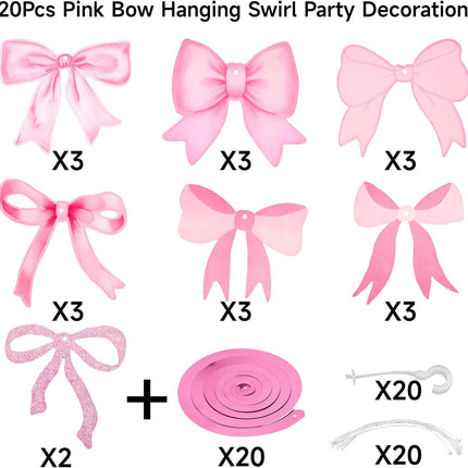 Pink Bow Garland, 20Pcs Bow Birthday Banner, Girl Theme Party Garland Banner, Pink Swirls Decoration for Baby Shower, Bridal Shower, Bachelorette.
