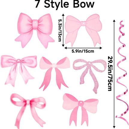 Pink Bow Garland, 20Pcs Bow Birthday Banner, Girl Theme Party Garland Banner, Pink Swirls Decoration for Baby Shower, Bridal Shower, Bachelorette.