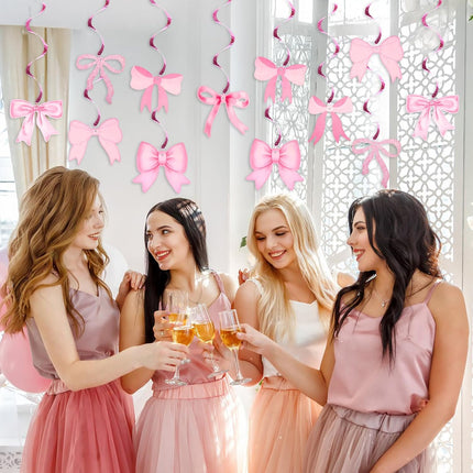 Pink Bow Garland, 20Pcs Bow Birthday Banner, Girl Theme Party Garland Banner, Pink Swirls Decoration for Baby Shower, Bridal Shower, Bachelorette.