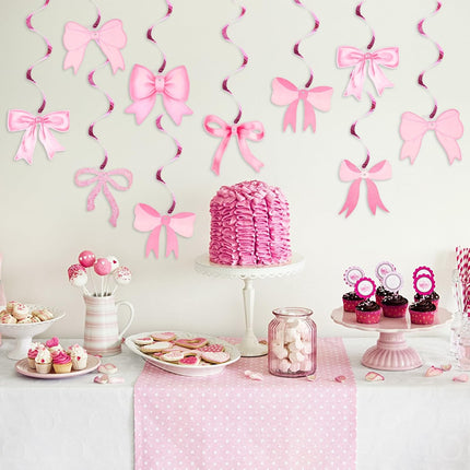 Pink Bow Garland, 20Pcs Bow Birthday Banner, Girl Theme Party Garland Banner, Pink Swirls Decoration for Baby Shower, Bridal Shower, Bachelorette.