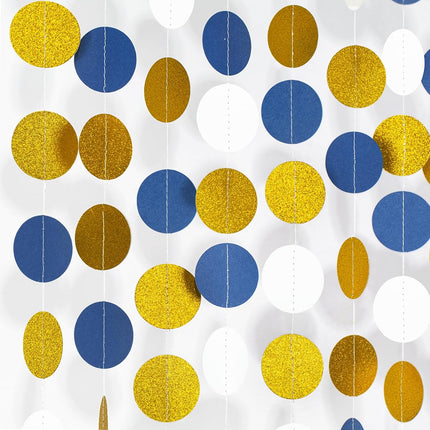 52Ft Navy Blue and Gold Garland Streamer - 4 Pack Glitter Paper Hanging Decoration, Circle Dots Garland Banner for Wedding, Bridal Shower, Baby Shower, Nautical Pirate Theme Party Decor.