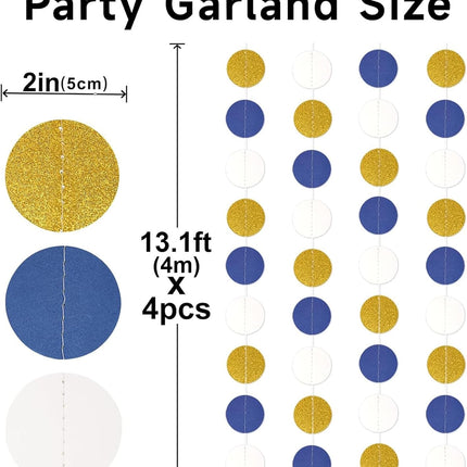 52Ft Navy Blue and Gold Garland Streamer - 4 Pack Glitter Paper Hanging Decoration, Circle Dots Garland Banner for Wedding, Bridal Shower, Baby Shower, Nautical Pirate Theme Party Decor.