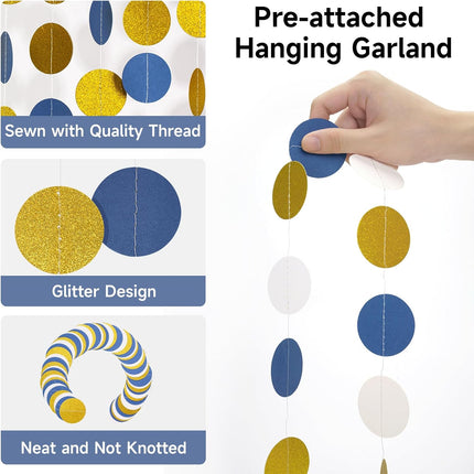 52Ft Navy Blue and Gold Garland Streamer - 4 Pack Glitter Paper Hanging Decoration, Circle Dots Garland Banner for Wedding, Bridal Shower, Baby Shower, Nautical Pirate Theme Party Decor.
