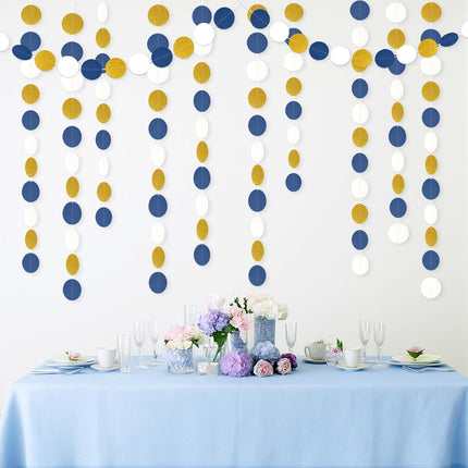 52Ft Navy Blue and Gold Garland Streamer - 4 Pack Glitter Paper Hanging Decoration, Circle Dots Garland Banner for Wedding, Bridal Shower, Baby Shower, Nautical Pirate Theme Party Decor.