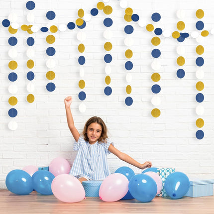 52Ft Navy Blue and Gold Garland Streamer - 4 Pack Glitter Paper Hanging Decoration, Circle Dots Garland Banner for Wedding, Bridal Shower, Baby Shower, Nautical Pirate Theme Party Decor.