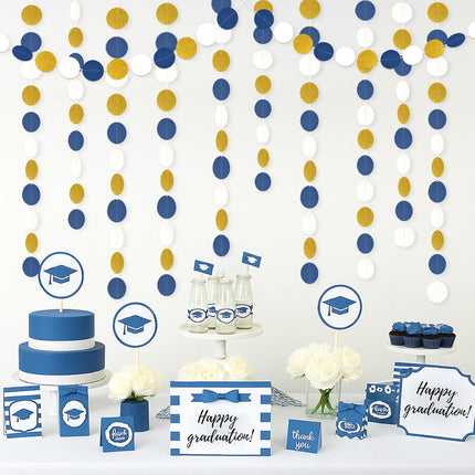 52Ft Navy Blue and Gold Garland Streamer - 4 Pack Glitter Paper Hanging Decoration, Circle Dots Garland Banner for Wedding, Bridal Shower, Baby Shower, Nautical Pirate Theme Party Decor.