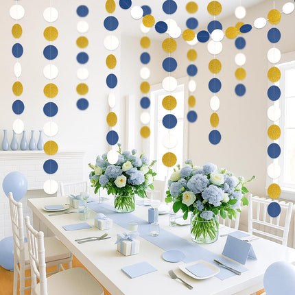 52Ft Navy Blue and Gold Garland Streamer - 4 Pack Glitter Paper Hanging Decoration, Circle Dots Garland Banner for Wedding, Bridal Shower, Baby Shower, Nautical Pirate Theme Party Decor.