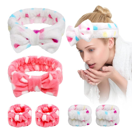 6 Pcs Face Wash Headband Wristband Set,Spa Headband Makeup Skincare Headbands Wrist Bands Scrunchies Bracelets for Washing Face (Pink white,Love).