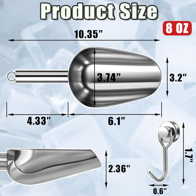 Ice Scoop for Freezer with Metal Hook Stainless Steel Ice Scooper for Ice Maker Metal Scooper for Kitchen Gadgets Cookie Flour Pet Dog Food Scoop Kitchen Bar Party Accessories (Silver-8oz).