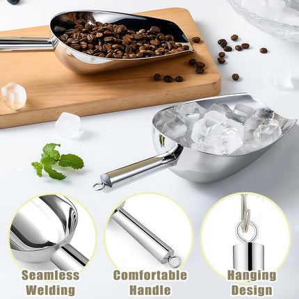Ice Scoop for Freezer with Metal Hook Stainless Steel Ice Scooper for Ice Maker Metal Scooper for Kitchen Gadgets Cookie Flour Pet Dog Food Scoop Kitchen Bar Party Accessories (Silver-8oz).