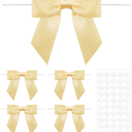 50Pcs Twist Tie Bows,3.5'' Champagne Gold Satin Ribbon Bows,Wedding Favor Ribbon Bows,Pre-Tied Champagne Gold Gift Bows for Gift Wrapping Treat Bag Present Craft Birthday Party Bridal Shower.