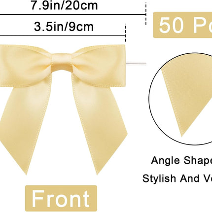 50Pcs Twist Tie Bows,3.5'' Champagne Gold Satin Ribbon Bows,Wedding Favor Ribbon Bows,Pre-Tied Champagne Gold Gift Bows for Gift Wrapping Treat Bag Present Craft Birthday Party Bridal Shower.