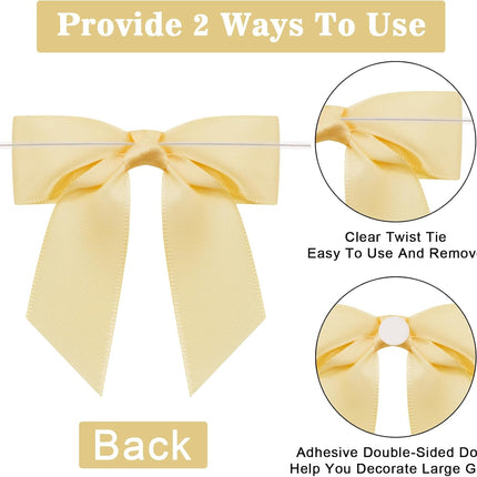 50Pcs Twist Tie Bows,3.5'' Champagne Gold Satin Ribbon Bows,Wedding Favor Ribbon Bows,Pre-Tied Champagne Gold Gift Bows for Gift Wrapping Treat Bag Present Craft Birthday Party Bridal Shower.