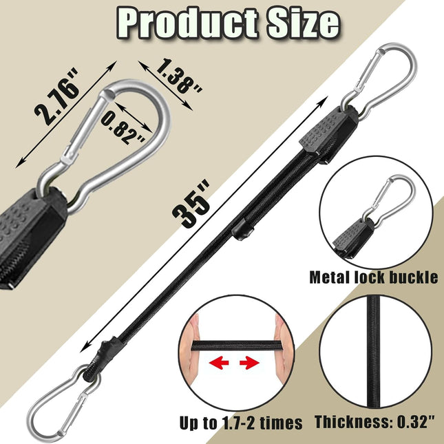 4 Pack 40 Inch Adjustable Carabiner Bungee Cords with Hooks Easy to Adjust from 35" to 60" Black Extra Strong Elastic Rope Outdoor Heavy Duty Bungee Straps for Camping Tarps Bike Rack Tent.