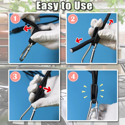 4 Pack 40 Inch Adjustable Carabiner Bungee Cords with Hooks Easy to Adjust from 35" to 60" Black Extra Strong Elastic Rope Outdoor Heavy Duty Bungee Straps for Camping Tarps Bike Rack Tent.
