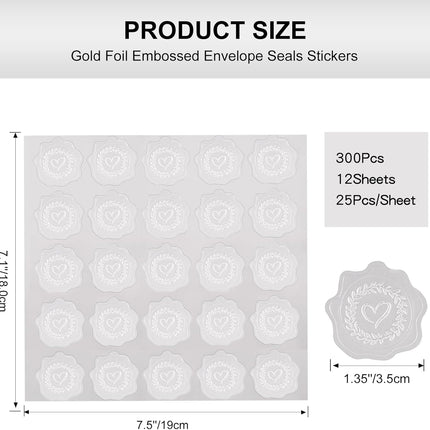 Heart Envelope Seals, Silver Embossed Wax Seal Looking, 300Pcs Wedding Envelope Stickers, Self-Adhesive Silver Foil Stamps for Wedding Invitation Card Bridal Shower Party Favors.