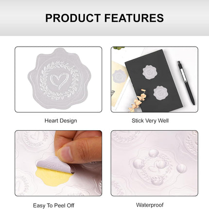 Heart Envelope Seals, Silver Embossed Wax Seal Looking, 300Pcs Wedding Envelope Stickers, Self-Adhesive Silver Foil Stamps for Wedding Invitation Card Bridal Shower Party Favors.
