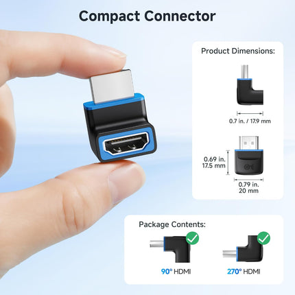 Combo-Pack 48Gbps 8K Right Angle HDMI 2.1 Adapters with HDR, Supports 8K@60Hz / 4K@240Hz, 270 Degree and 90 Degree HDMI Adapter Male to Female, Black.