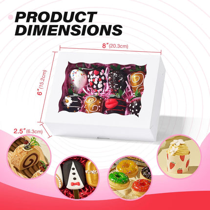 8PCS White Bakery Boxes with Window, 8x6x2.5 Inch Gift-Ready Pastry Box for Chocolate Strawberries, Macarons, Donuts, Truffles, Ores, Cookies, Donuts, Perfect for Different Holiday Celebrate.