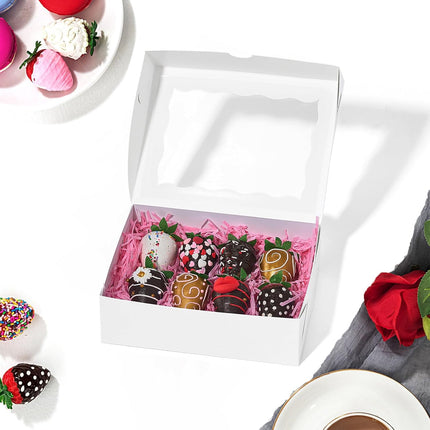 8PCS White Bakery Boxes with Window, 8x6x2.5 Inch Gift-Ready Pastry Box for Chocolate Strawberries, Macarons, Donuts, Truffles, Ores, Cookies, Donuts, Perfect for Different Holiday Celebrate.