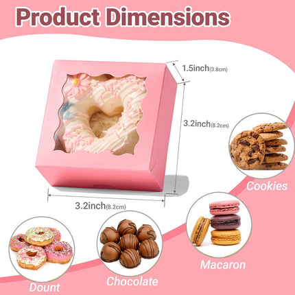 3 .2" x 3.2" x 1 .5" 50PCS Chocolate Truffle Pink Boxes for 4，Cookies Boxes Soap Boxes Donut Boxes Macaron Boxes Mini Bakery Boxes with Window Brownie Box.