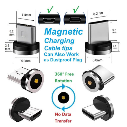 2in1 10pcs Magnetic Charging Tips, 360 Rotate Tips for USB-C/Micro Ports, Water-dustproof, No Cord, Non-Data.