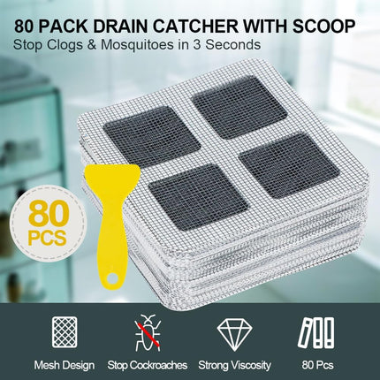 80PCS 4"x4" Disposable Hair Drain Stickers, Anti-Blocking Filter Screen Self-Adhesive Mesh Drain Covers for Bathroom, Bathtub, Sink, Kitchen, Laundry Room, Shower.